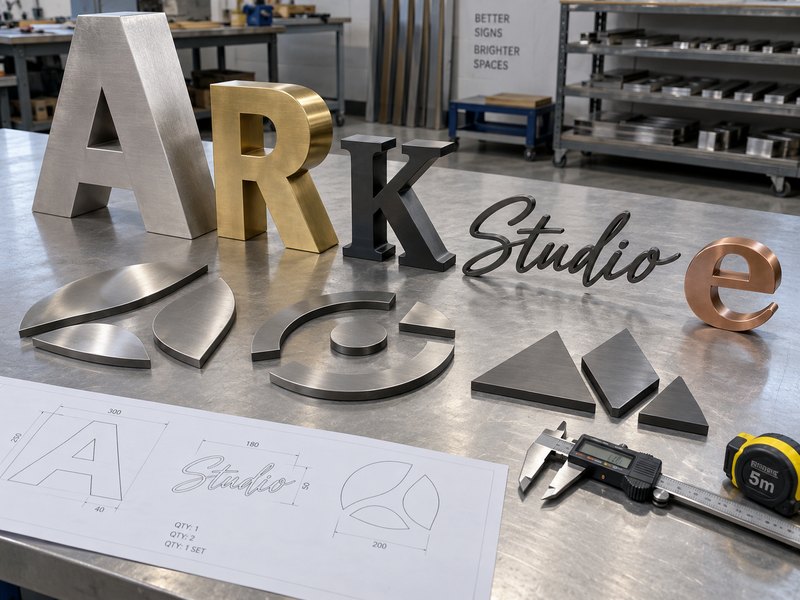 Metal letter sizes, font shapes, logo parts, and production complexity affecting custom sign cost