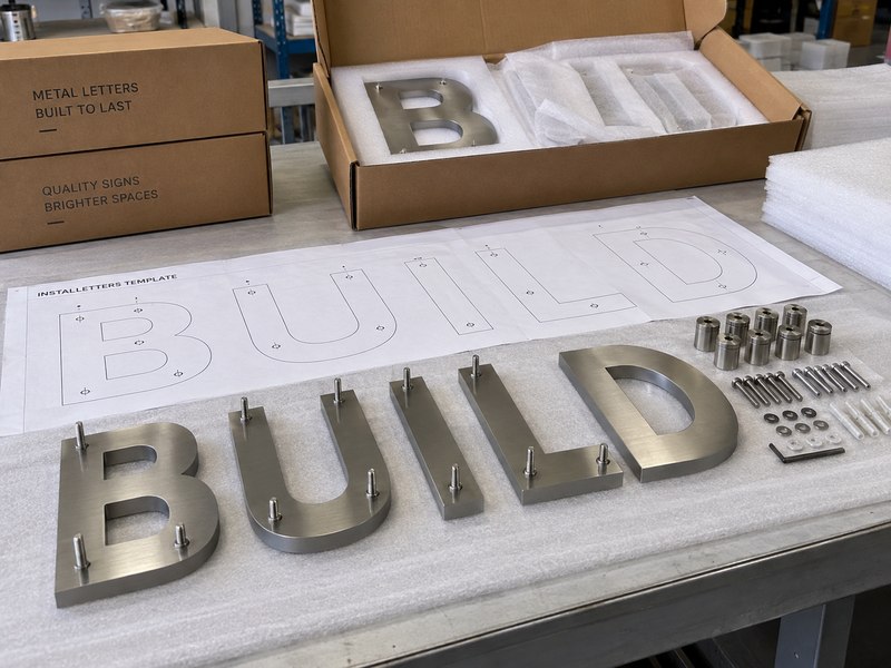 Metal letters with mounting studs, installation template, protective foam packaging, and shipping preparation