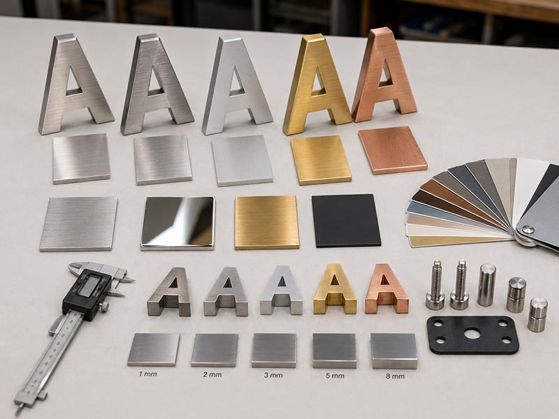 Metal letter materials, finishes, thicknesses, and mounting options for custom signs