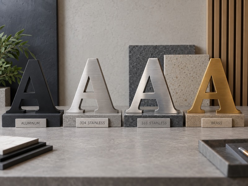 Aluminum, stainless steel, brass, and copper metal letters with different commercial sign finishes
