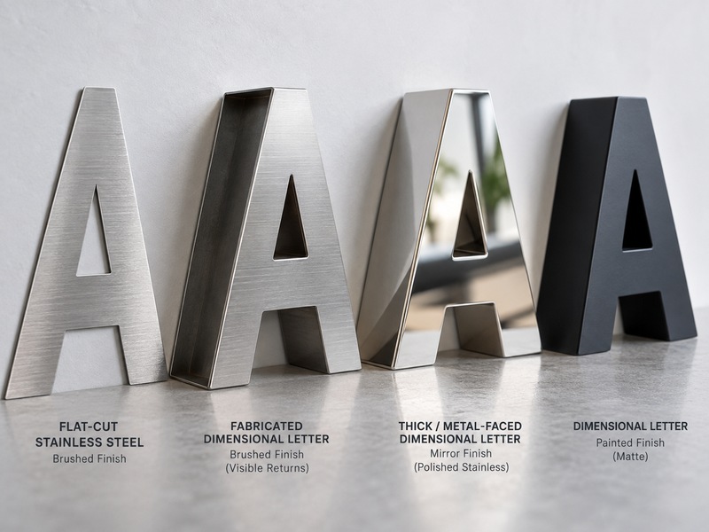 Flat-cut and fabricated metal letters showing different depths, structures, brushed, mirror, and painted finishes