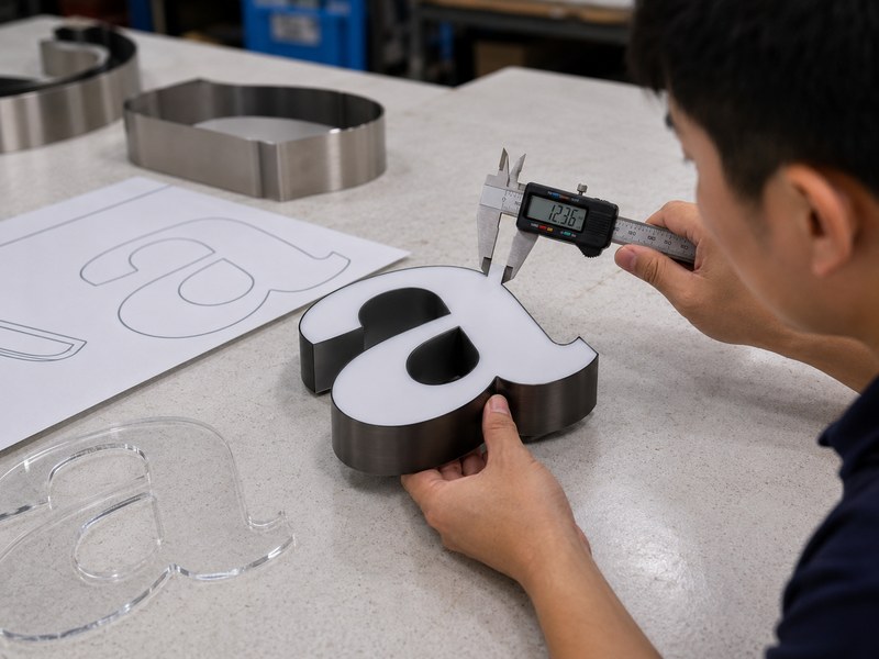 Engineer measuring the narrowest stroke of a custom channel letter with a digital caliper