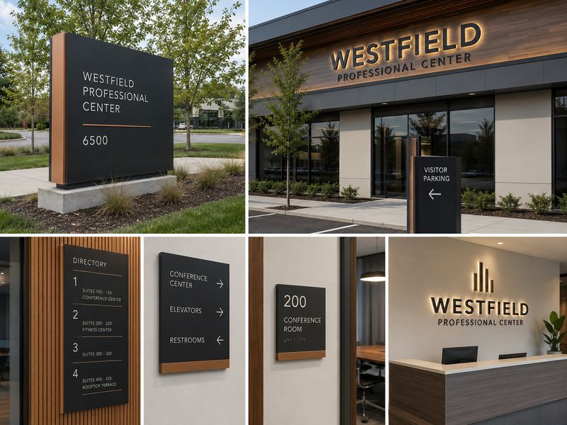 Mixed indoor and outdoor sign system with coordinated commercial signage