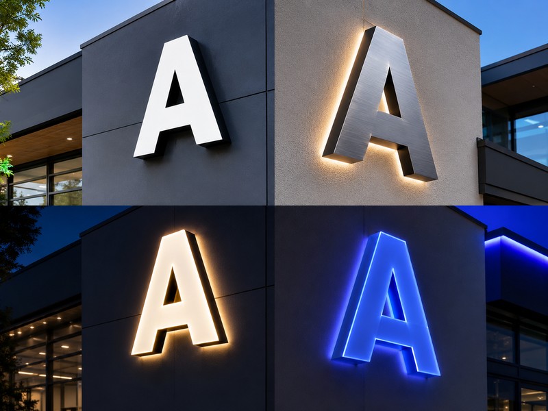 Modern commercial channel letter styles including trimless, halo-lit, dual-lit, and side-lit letters.
