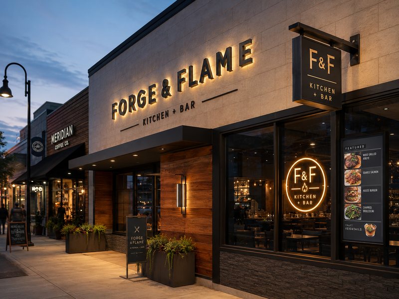 Modern restaurant streetscape displaying channel letters, blade signs, LED neon and warm material finishes