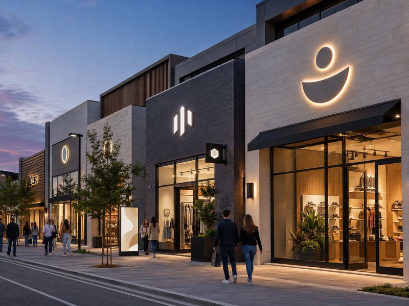 Contemporary retail street featuring modern channel letters, halo-lit signs, blade signs and window light boxes