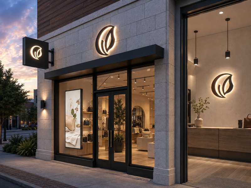 Retail storefront combining channel letters, blade sign, promotional light box and interior acrylic LED logo