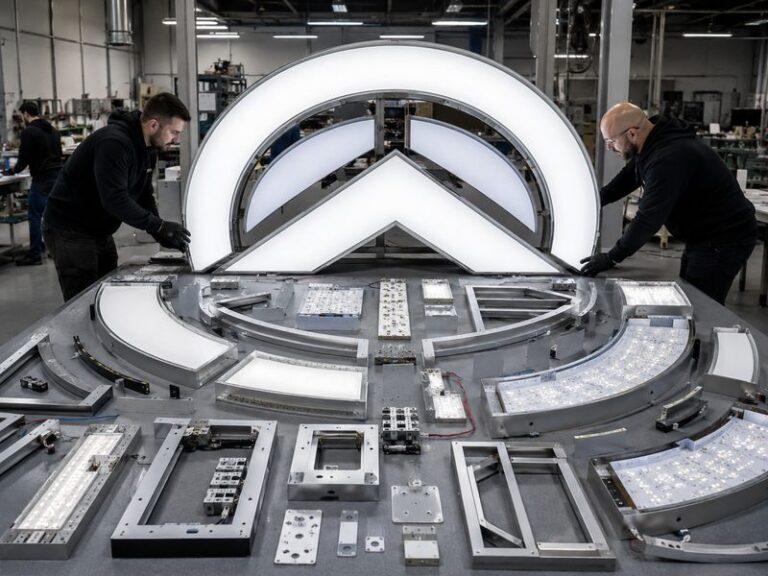 Modular large commercial sign sections undergoing trial assembly and inspection in a professional sign factory.