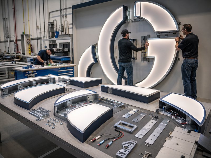Engineered modules of a large illuminated commercial sign being trial-fitted inside a sign factory.