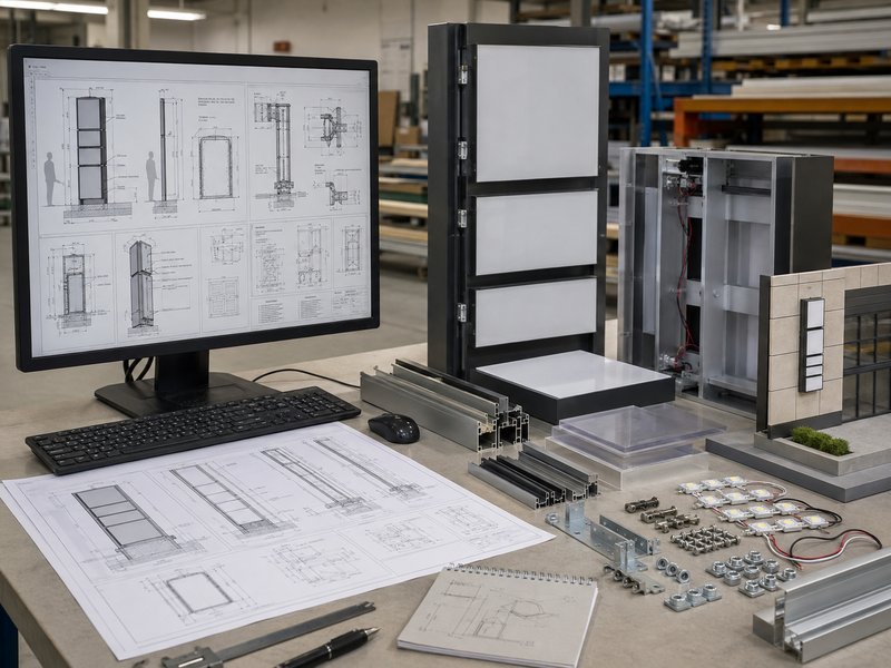 Modular commercial sign engineering with shop drawings, structural components, LEDs and connection hardware.