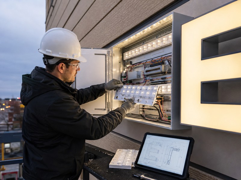 Technician servicing a replaceable LED module inside a modular illuminated commercial sign.