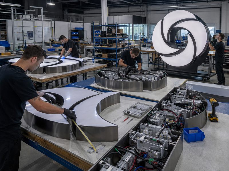 Large modular illuminated sign undergoing fabrication, trial assembly and lighting inspection in a factory.