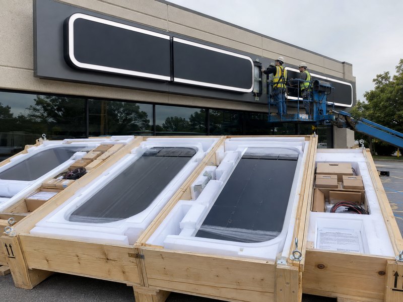 Modular illuminated sign sections packed in protective crates and assembled on a commercial building façade.