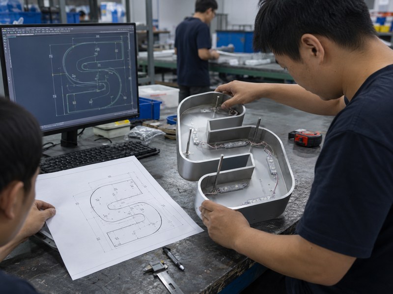Engineer checking channel letter mounting hole positions before LED installation and final assembly