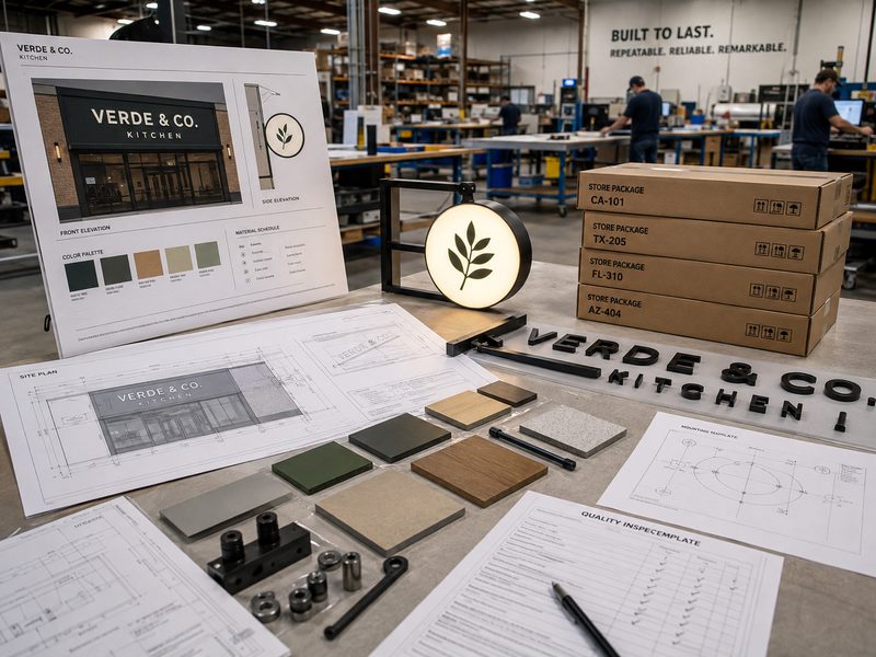Multi-location restaurant signage program with approved samples, drawings, templates and quality records