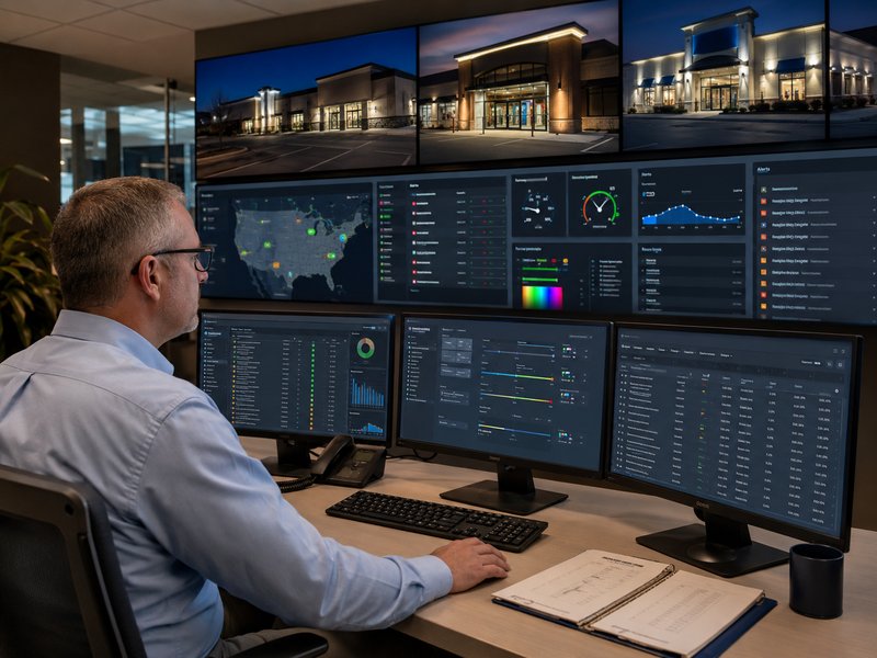 Multi-location commercial sign lighting management with schedules, brightness settings and RGBW controls