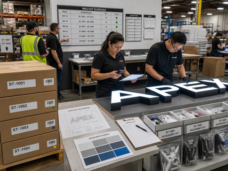 Multi-location sign rollout with quality inspection, store-numbered packaging and approved drawings