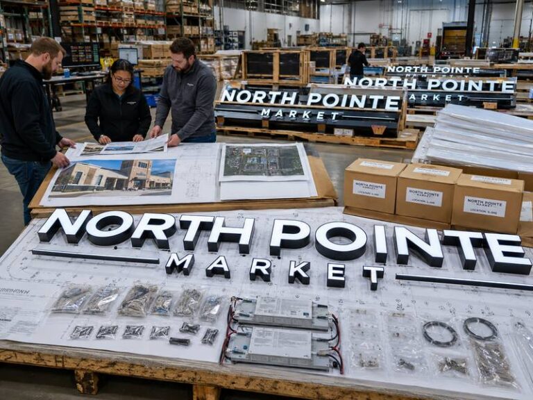 Multi-location commercial sign rollout with channel letters, engineering drawings, packaging and installation planning
