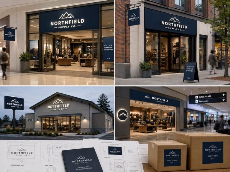 Multi-location commercial signage system maintaining consistent branding across different store formats