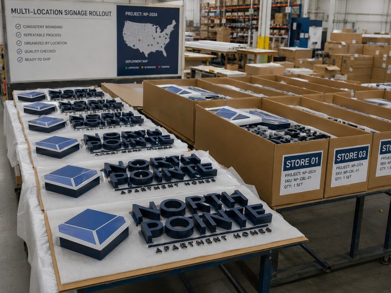 Multi-location signage rollout with repeat sign production and store-specific packaging