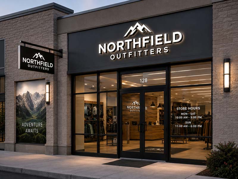 Complete multi-location store sign package with channel letters, blade sign, window graphics, and interior logo