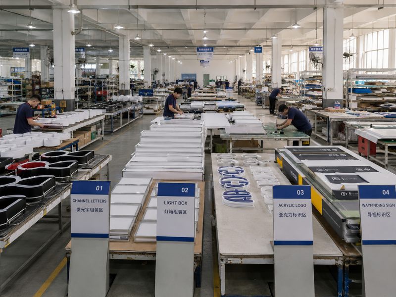 Multi-product sign factory running channel letters, light boxes, acrylic logos, and wayfinding signs in parallel