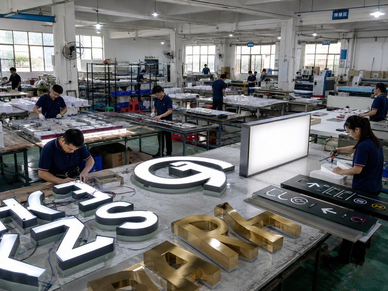 Multi-product custom sign manufacturing factory producing channel letters, light boxes, acrylic logos, and metal signs