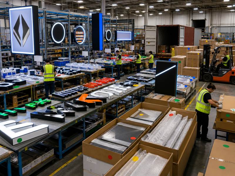 Multi-site commercial signage production with channel letters, blade signs, light boxes, and organized export packaging
