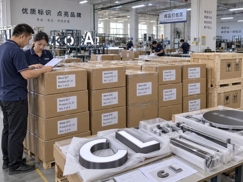 Multi-store custom sign packaging with store-coded cartons and signage kits prepared for shipment