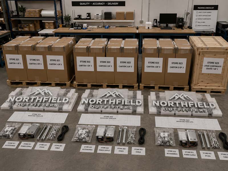 Store-numbered sign packages, power supplies, templates, and accessories prepared for a multi-store rollout