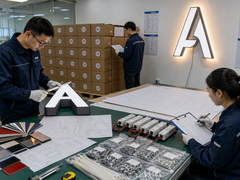 Multi-store signage quality inspection with channel letter sample, installation templates and numbered packaging