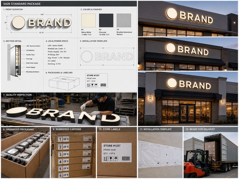 Multi-store retail signage rollout with approved drawings, material samples, installation templates, labeled packaging, and consistent illuminated logos