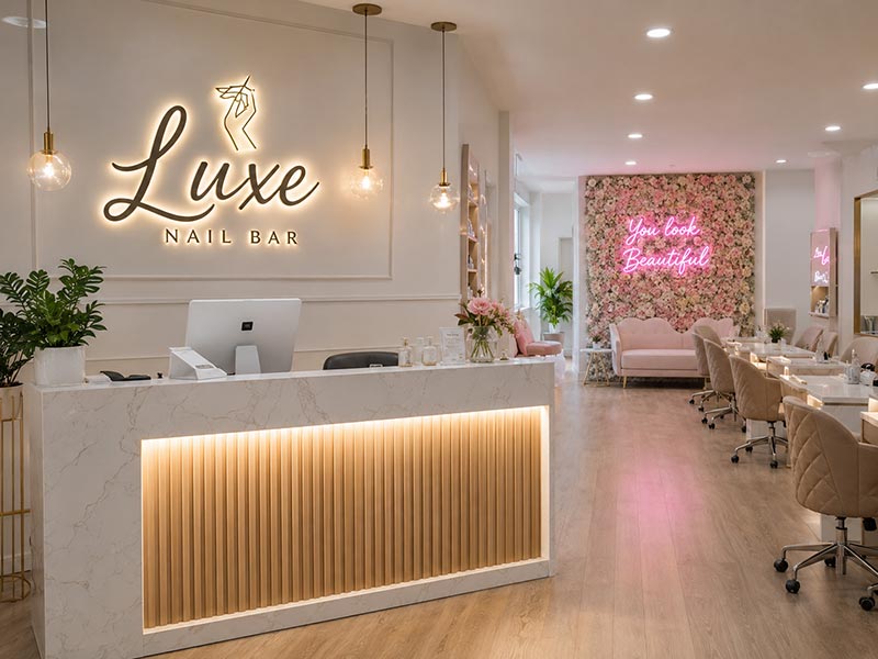 Soft LED signs placed on nail salon reception and selfie walls