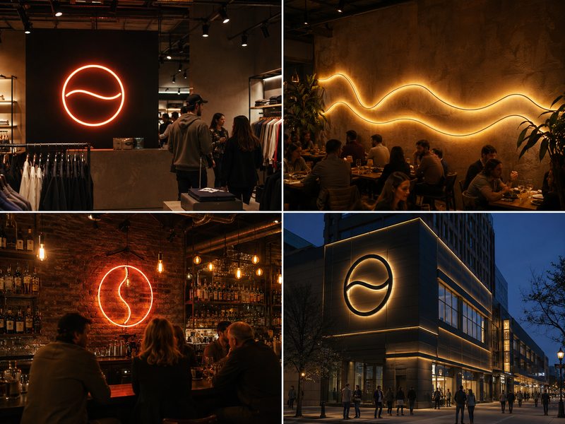 LED neon and traditional glass neon commercial applications for retail restaurant vintage bar and exterior signage
