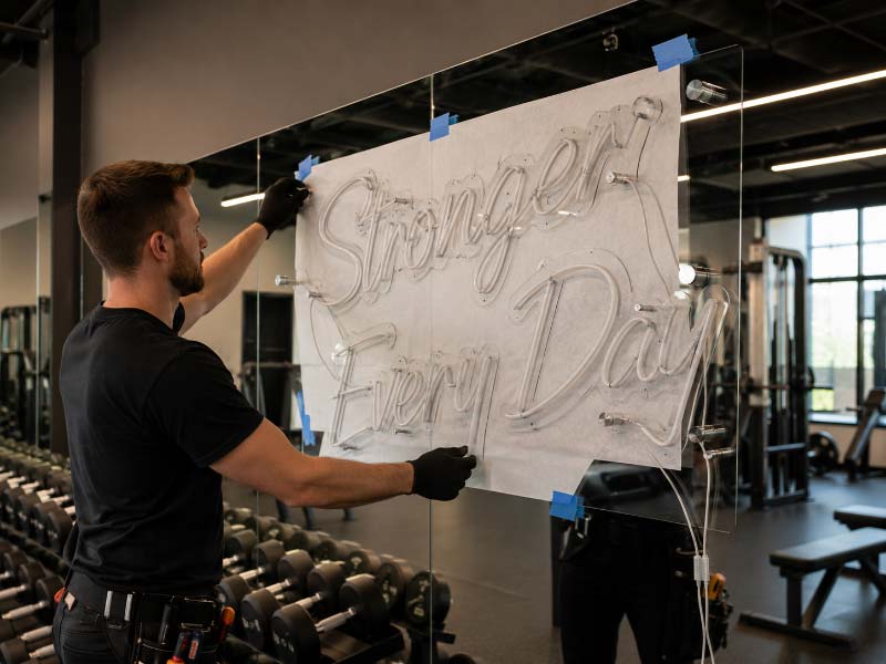 Installing a custom neon sign on a gym mirror wall with standoffs and hidden wiring