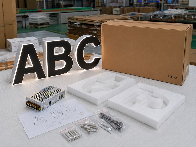 Neutral packaging for custom channel letters with accessories and power supply