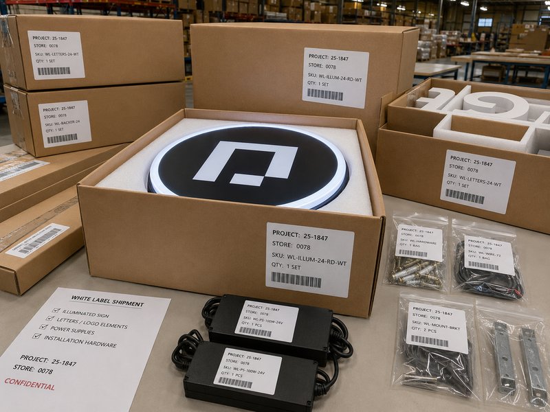 Neutral white-label packaging protecting an advertising agency sign project