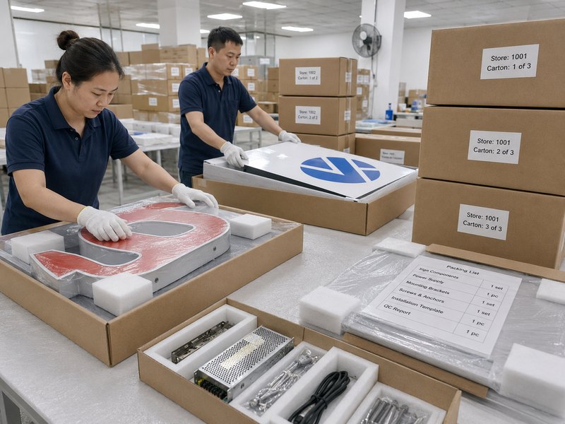 Neutral white-label packaging for custom signs prepared for international shipping