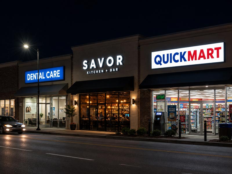 Nighttime storefront showing visible LED channel letters and light box signs