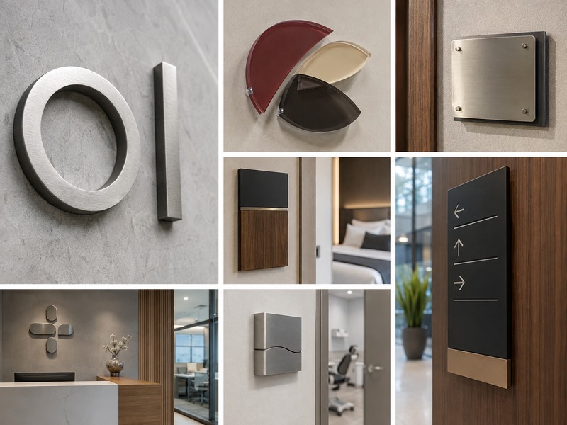 Non-illuminated stainless steel letters, acrylic logos, plaques and directional signs in commercial interiors