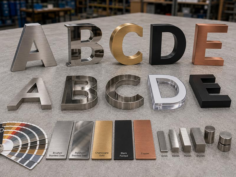 Flat-cut, fabricated, and metal-faced non-illuminated metal letter types