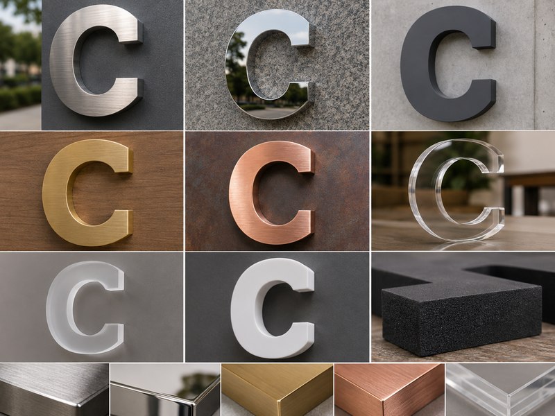 Commercial sign material samples in stainless steel, aluminum, brass, acrylic, PVC and foam