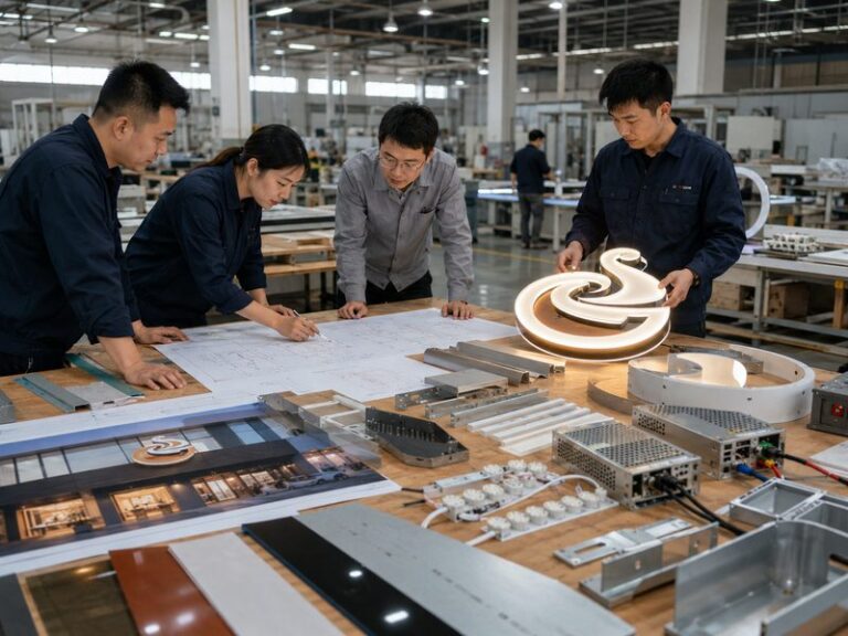Engineers developing an ODM custom sign with drawings, materials, LED components, and an illuminated prototype