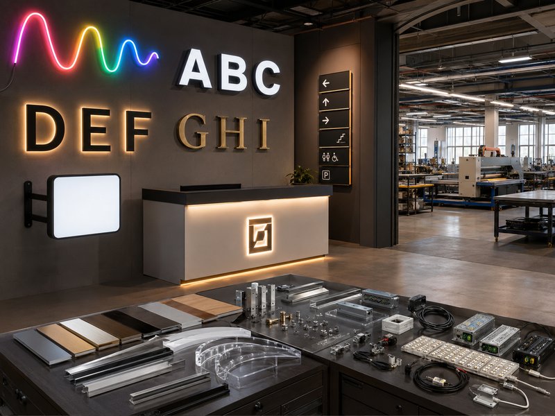 ODM-developed LED neon signs, channel letters, light boxes, metal letters, and wayfinding signs in a showroom