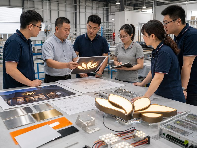 Sign engineers reviewing materials, drawings, LED modules, and an illuminated ODM sign prototype