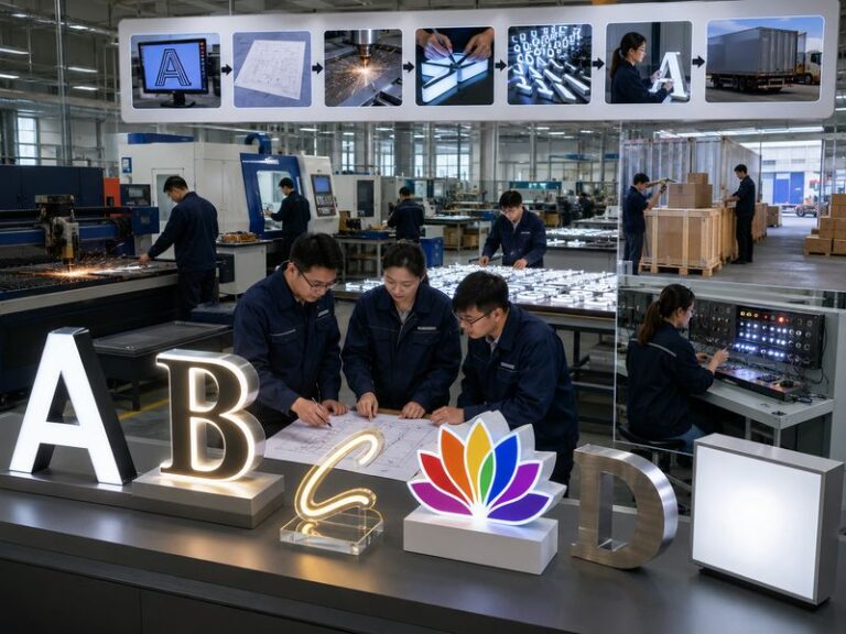 OEM custom sign manufacturing with engineering review, sign production, testing, and export packaging