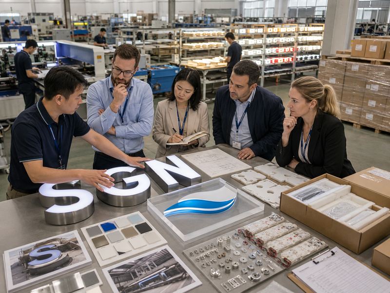 Project team evaluating an OEM sign factory through products, drawings, testing, quality control, and packaging