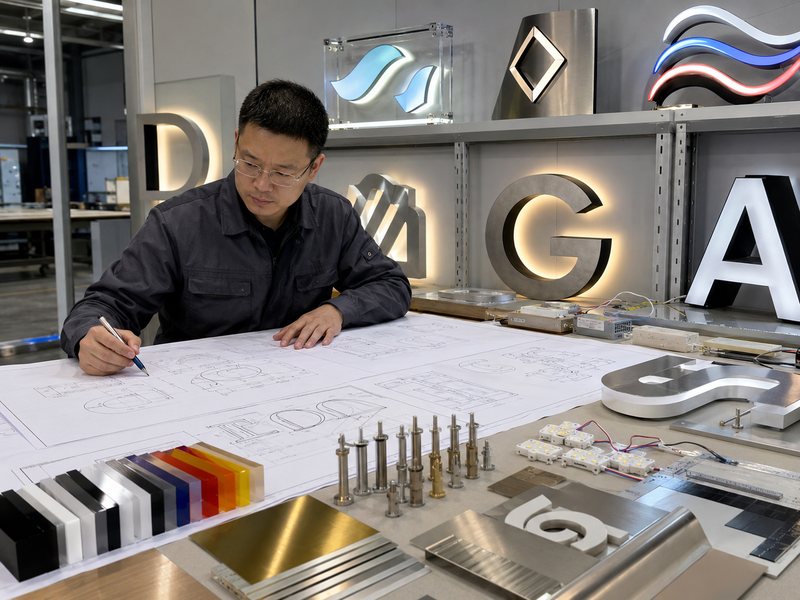 Engineer reviewing OEM sign drawings beside channel letters, neon signs, acrylic logos, and metal letters