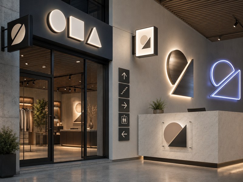 OEM sign product range including channel letters, LED neon, light boxes, metal letters, and wayfinding signs