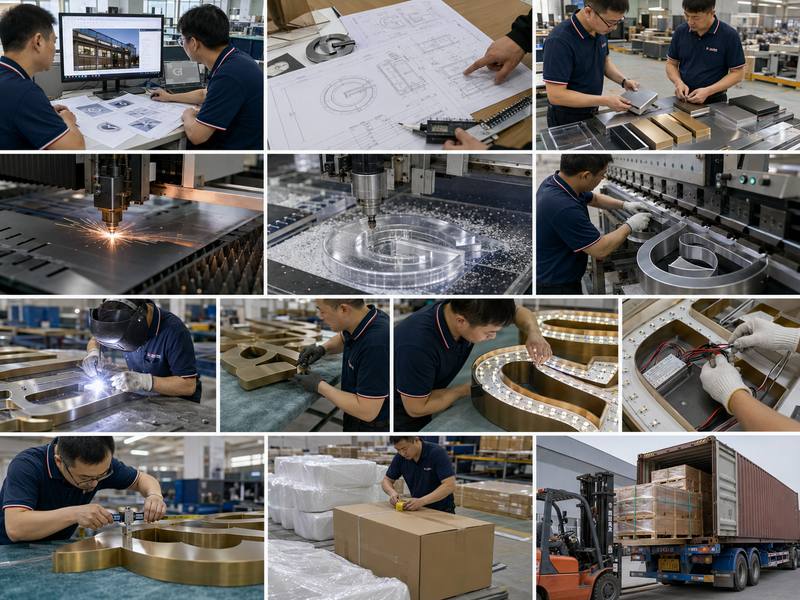 OEM sign production process from engineering and fabrication to testing, packaging, and shipment